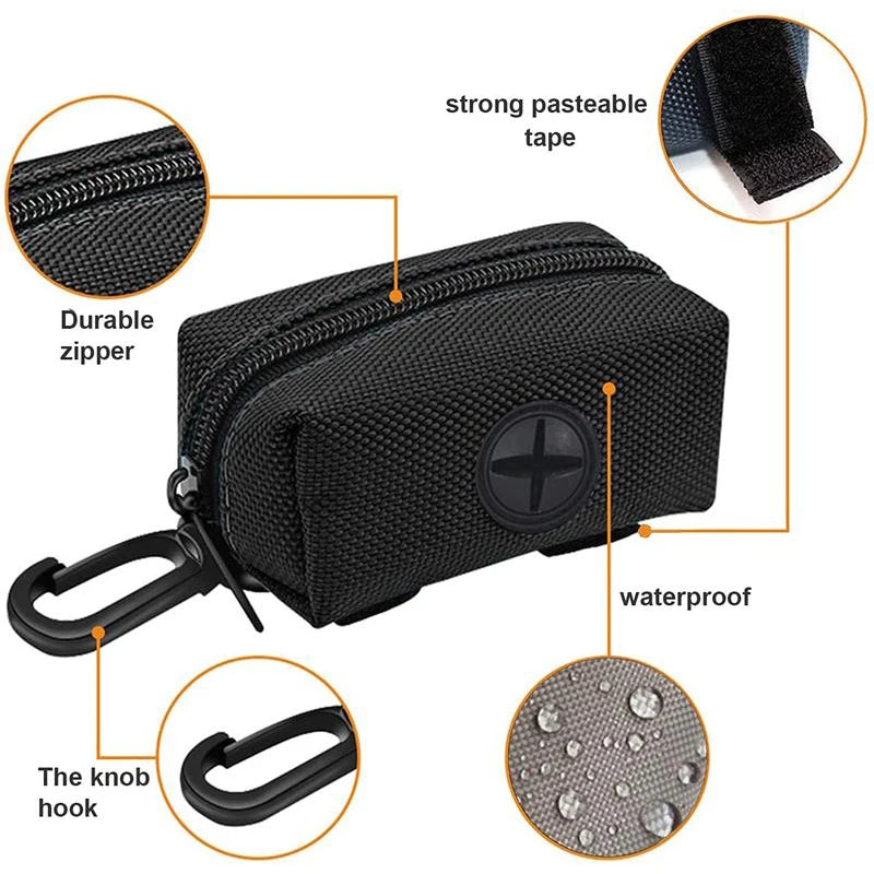 Dispenser de bolsas para excrementos de mascotas negro, duradero e impermeable, con cremallera y gancho para correas