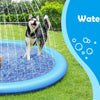 A dog is playing in a blue splash pad with water spraying, enjoying summer fun.