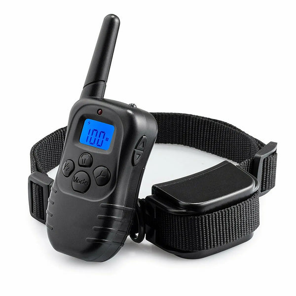 A black rechargeable dog training collar with a remote control is shown against a white background.