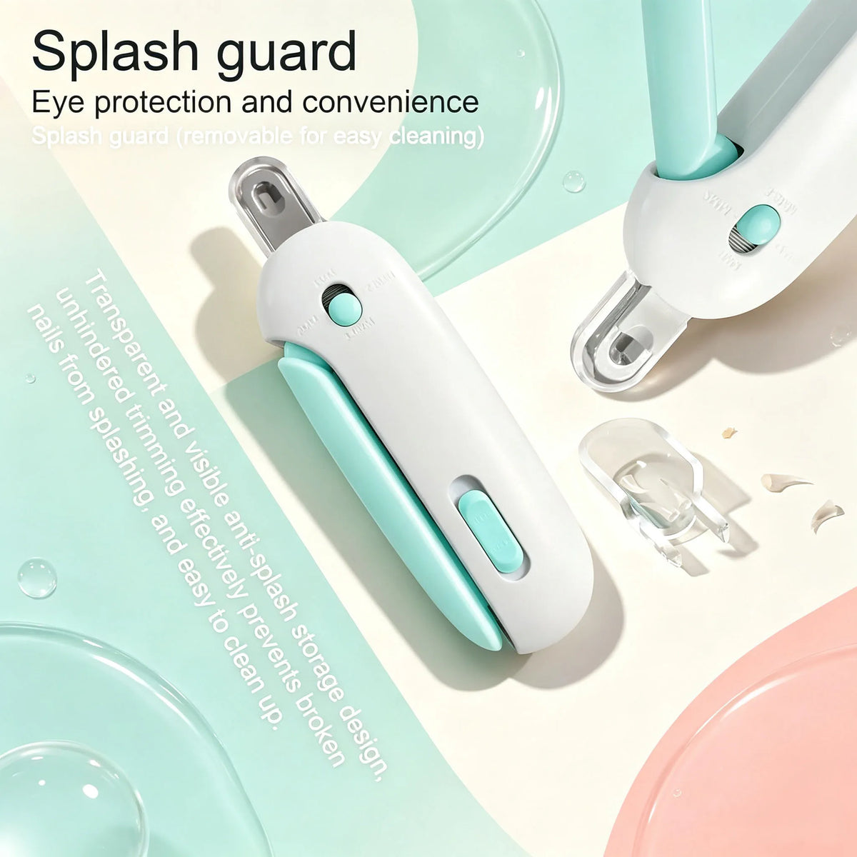 A white and teal splash guard tool for pet nail trimming is shown next to a pink plate.