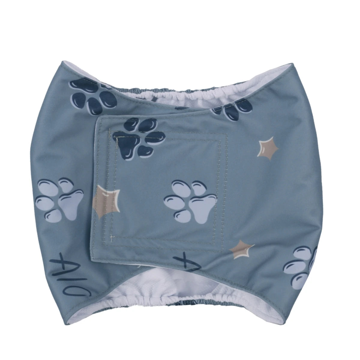 Light blue washable belly band for a male dog with paw print and star patterns