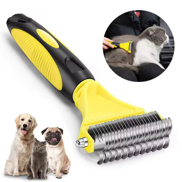 A yellow and black grooming brush is shown with a close-up of a cat being groomed, alongside several dogs.