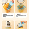 Four steps showing how to install and use a stainless steel cat litter shovel with a refill bag in a yellow container.