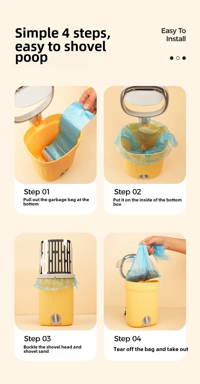 Four steps showing how to install and use a stainless steel cat litter shovel with a refill bag in a yellow container.