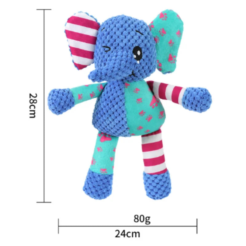 A blue plush donkey toy with pink and white striped accents, measuring 28cm tall and 24cm wide.
