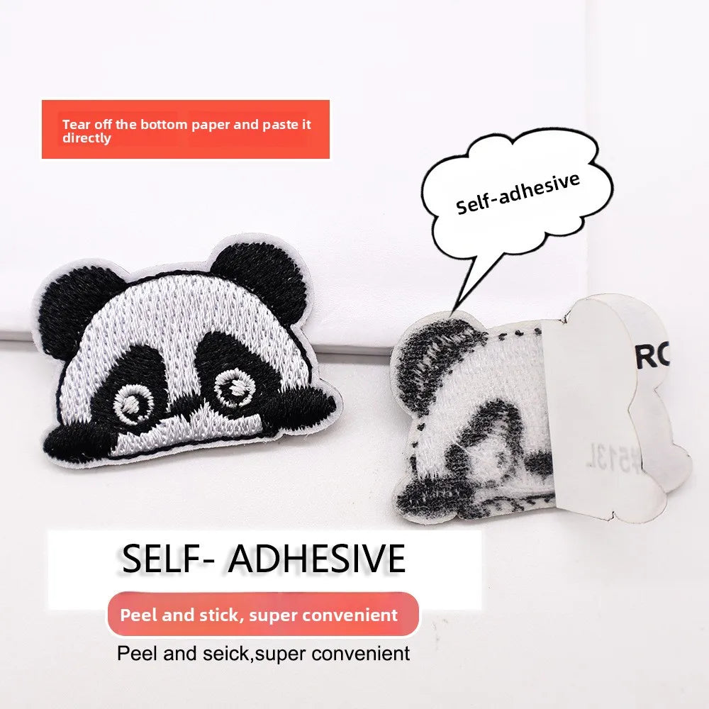 Self-adhesive panda patch for clothing and DIY projects showing how to tear off the back paper and paste it directly