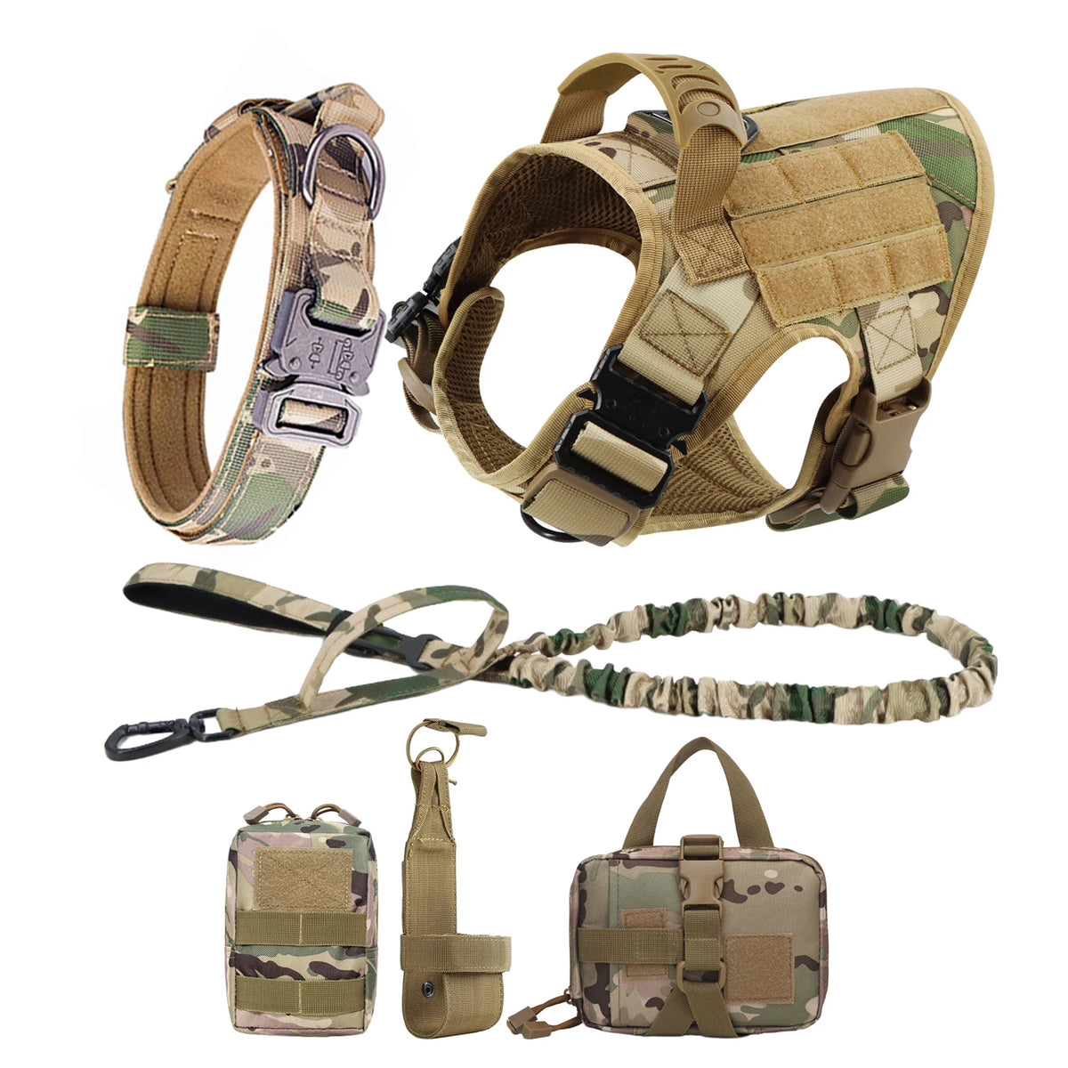 A set of durable dog harness and leash for training and walking, including a padded harness and a camouflage patterned leash.