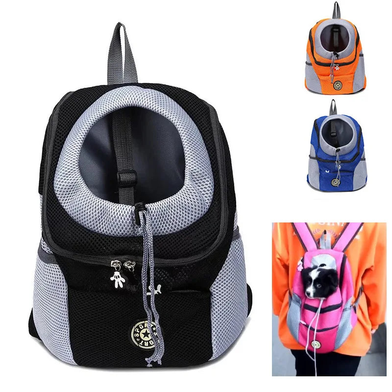 An orange and gray portable pet carrier backpack with a black interior and a small black dog visible.