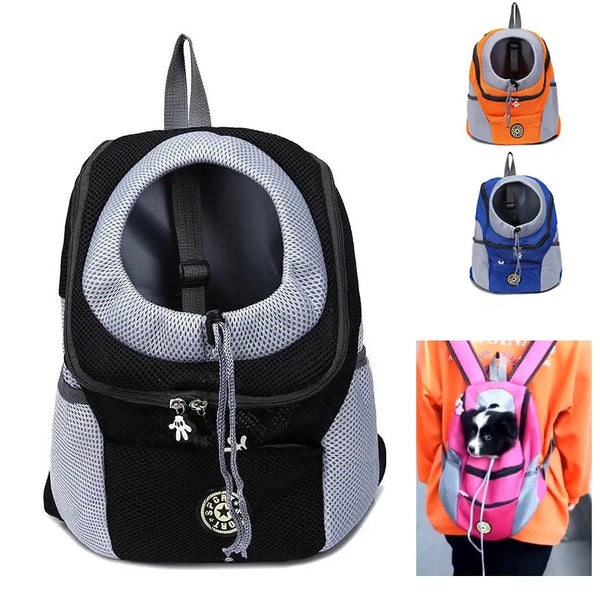 An orange and gray portable pet carrier backpack with a black interior and a small black dog visible.