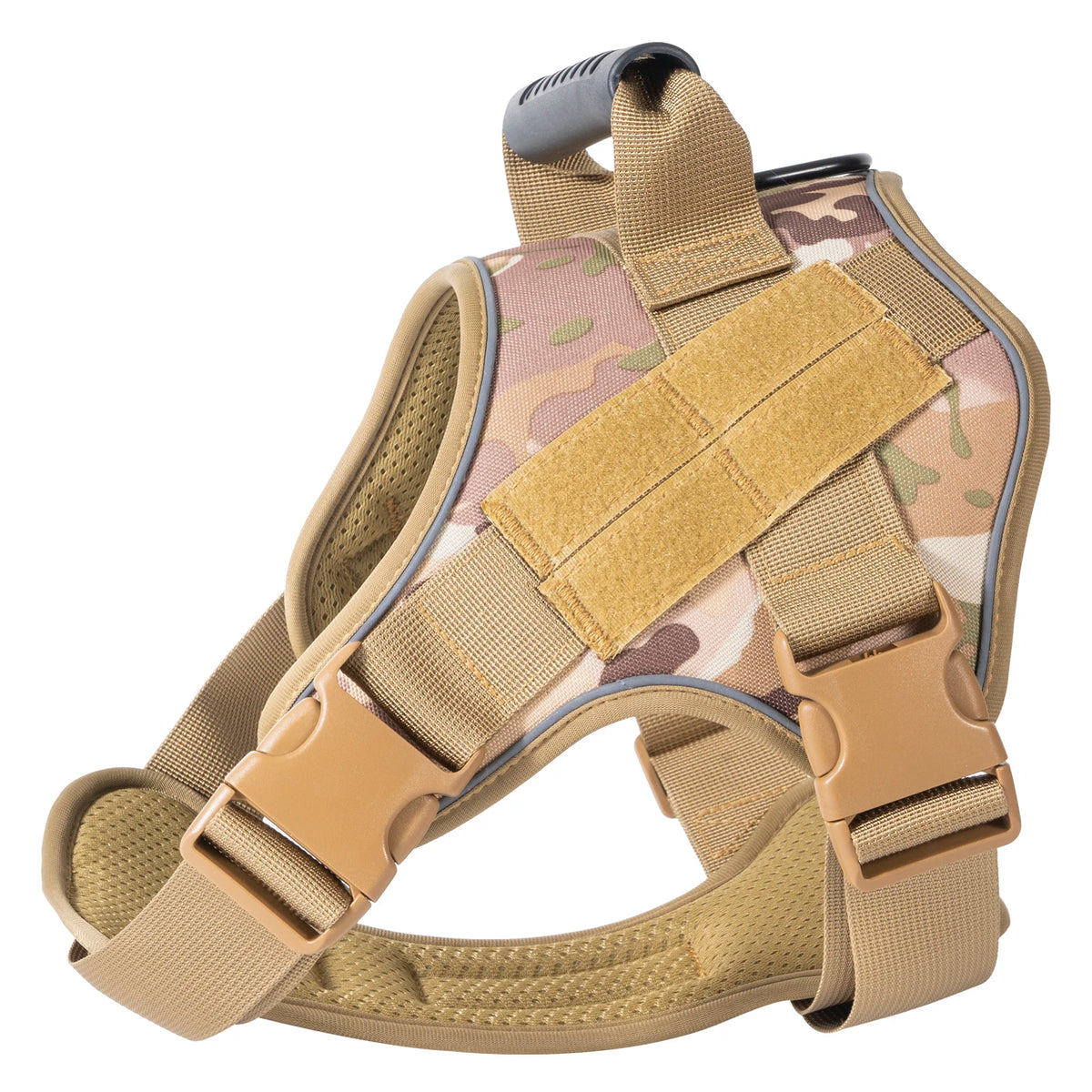 A tan tactical dog harness with a reflective vest is shown from above.