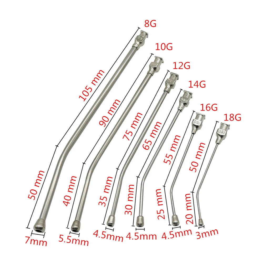 A collection of stainless steel bird feeding syringes with various gauges ranging from 8G to 18G, shown in a vertical arrange