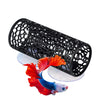 Black aquarium hideout tube with a honeycomb mesh and a suction cup, featuring an orange and blue betta fish.