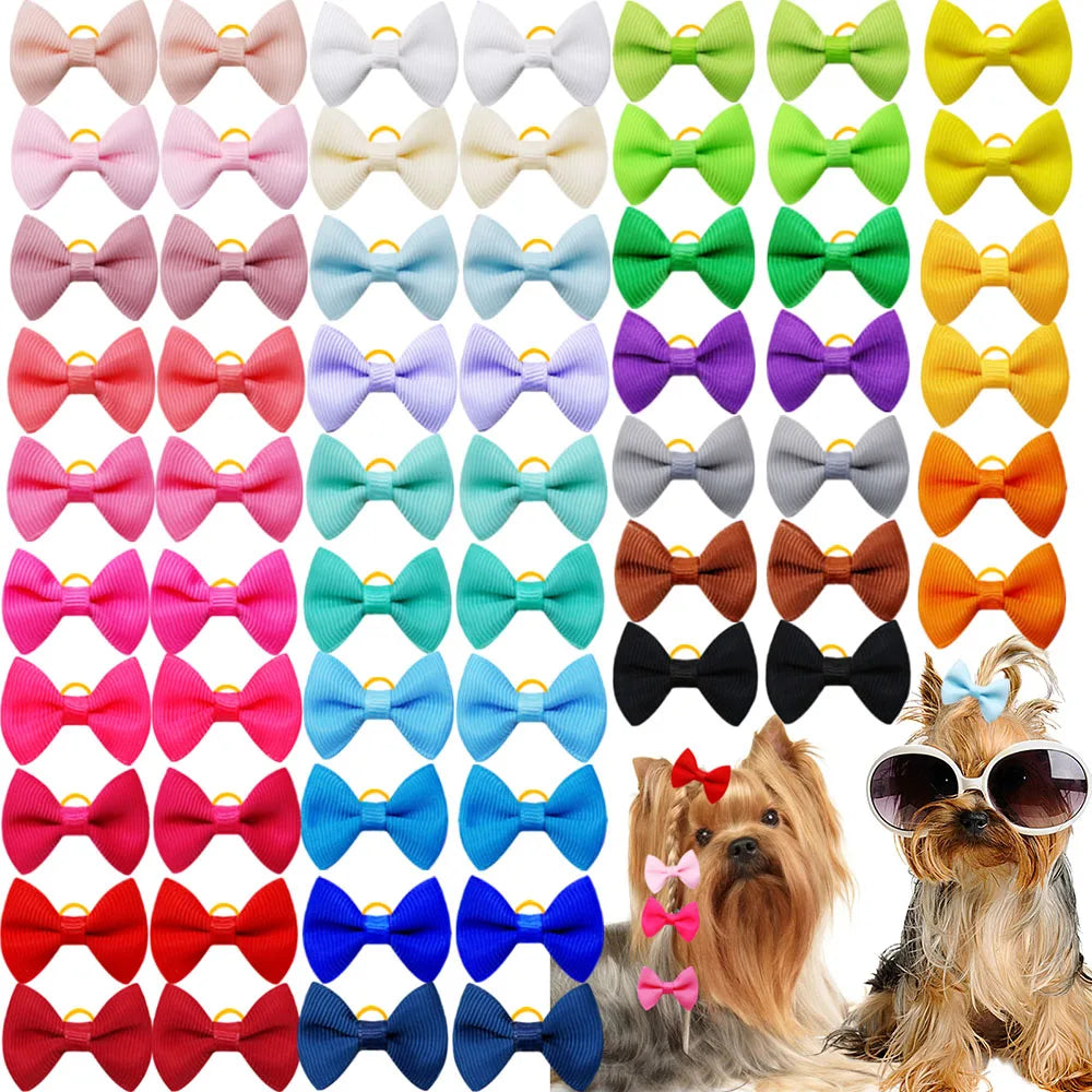 A collection of 100 polka dot pet bows in various colors and styles with rubber bands for dog hair accessories.