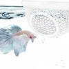 A betta fish swims near a white mesh hammock used as aquarium decor for fish and shrimp.