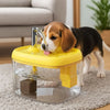A yellow cat drinking fountain with water flowing, placed on a light-colored rug.