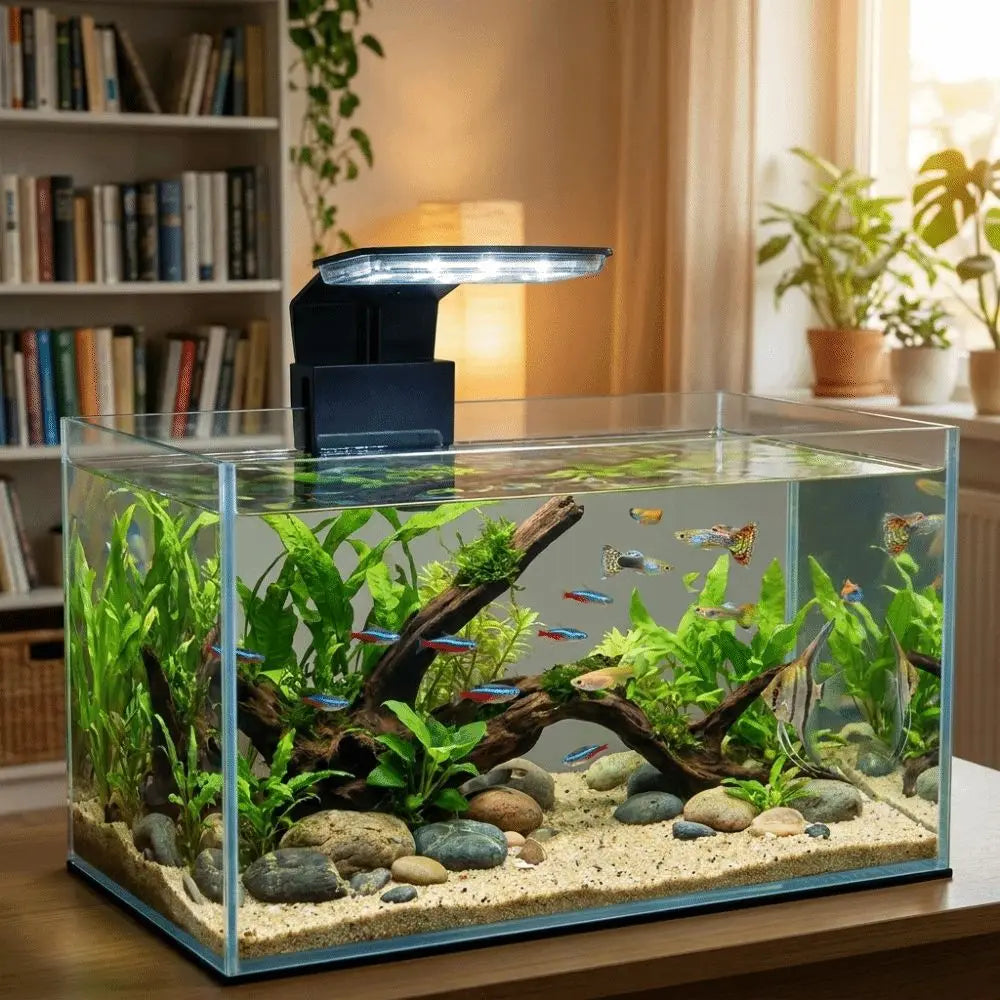 Klares Glas Aquarium mit Wasserpflanzen und Fischen, beleuchtet durch eine mehrfarbige LED-Klemme Lampe.