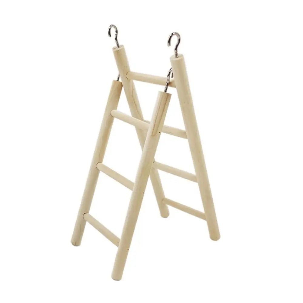 A wooden bird ladder with hooks designed for climbing and perching.