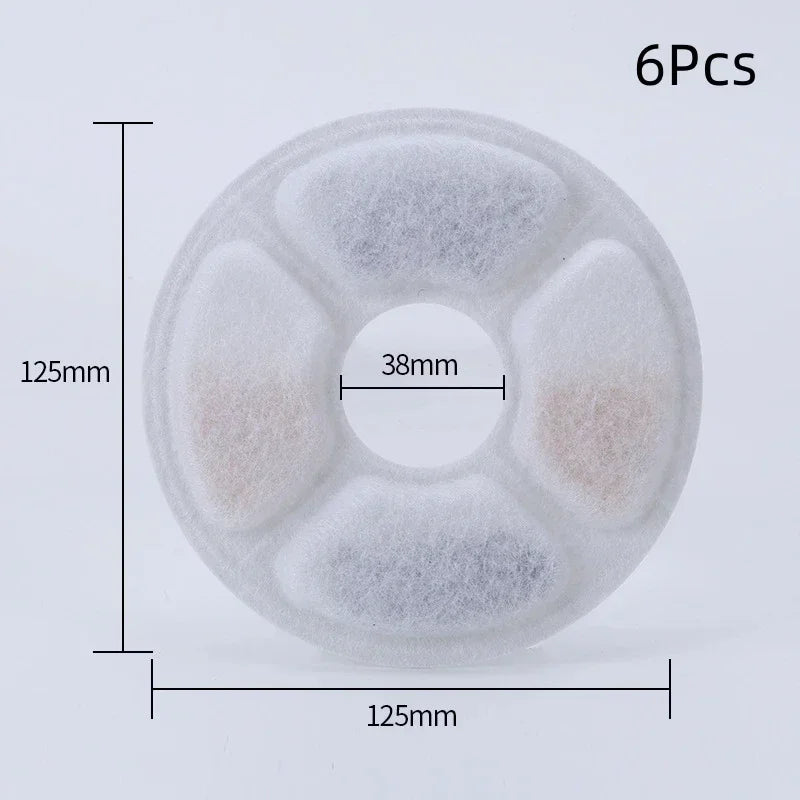 Six replacement activated carbon filters for a cat water fountain, showing the circular filter discs.
