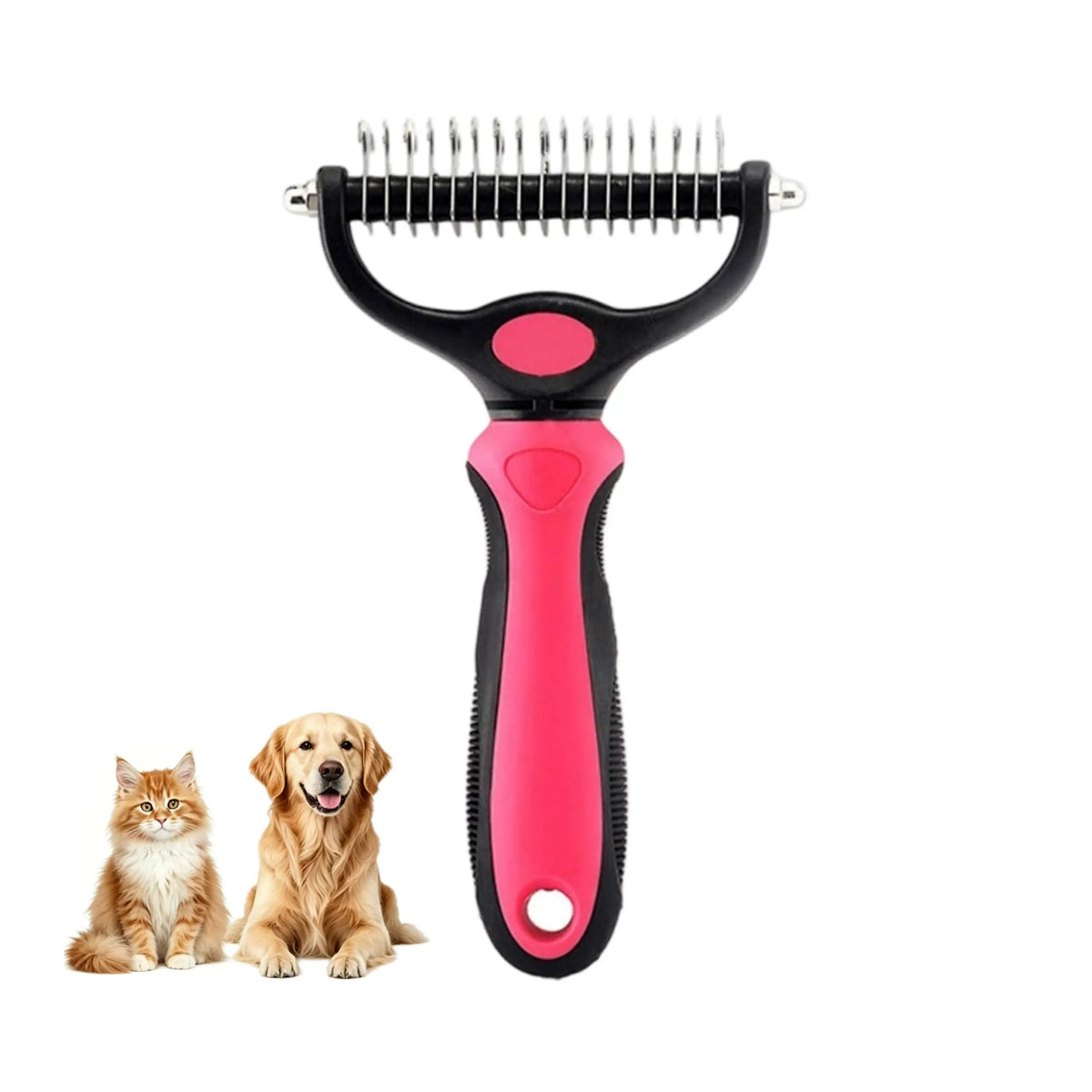 A pink undercoat rake dematting comb for dogs and cats lying next to a cat and a dog.