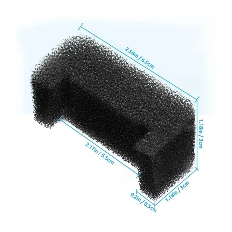 A black sponge replacement filter for pet water fountains shown in a side profile view.