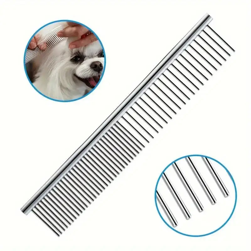 A precision stainless steel pet grooming shear with multiple teeth shown alongside a dog's head.