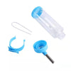 A clear plastic bottle with a blue cap and a silicone hanging mechanism for small pets.
