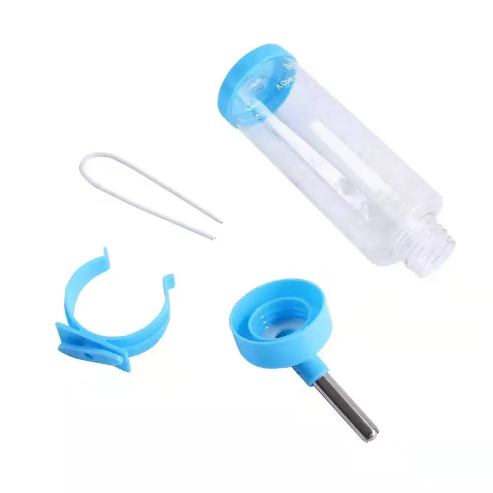 A clear plastic bottle with a blue cap and a silicone hanging mechanism for small pets.
