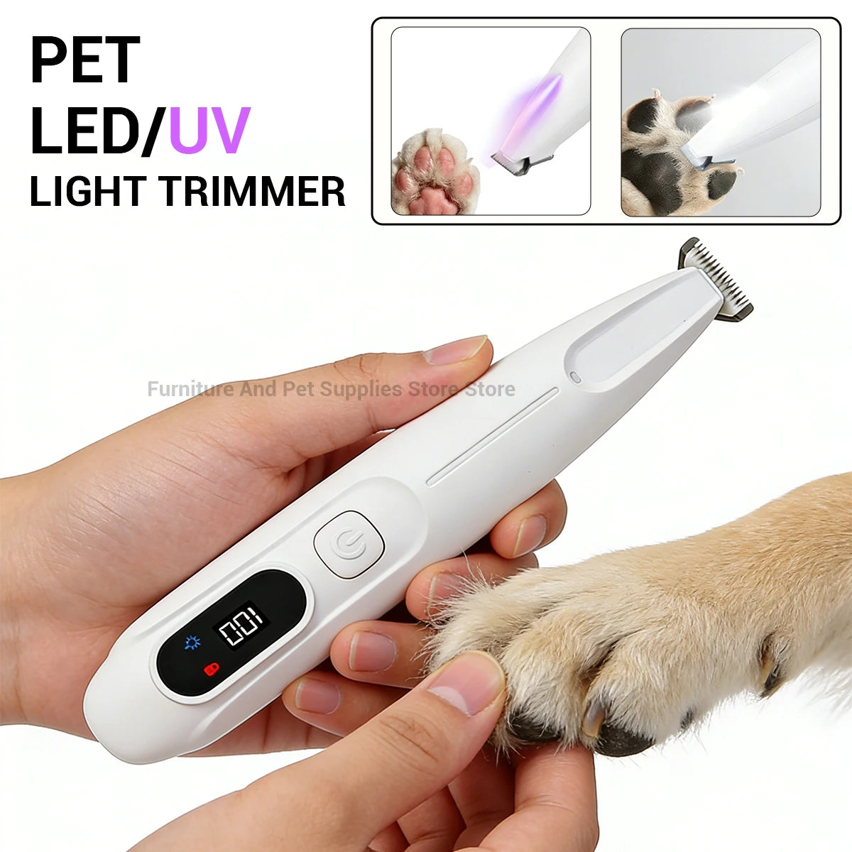 Una mano sostiene una recortadora de pelo para mascotas blanca con luz LED/UV, demostrando su uso en la pata de un perro.