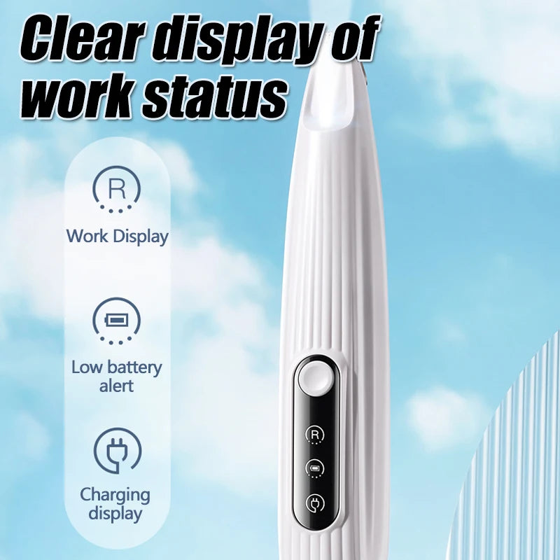A white cordless pet hair trimmer with an LED light and LCD display showing work status, battery alert, and charging informat