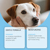 A close-up of a dog's face being gently touched, highlighting a gentle formula for pet eyes.