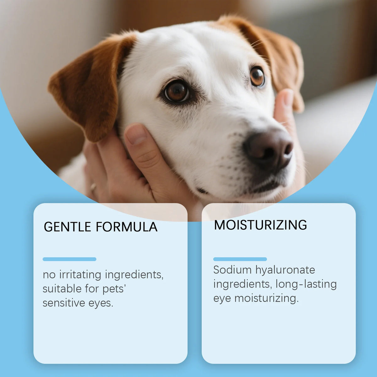 A close-up of a dog's face being gently touched, highlighting a gentle formula for pet eyes.
