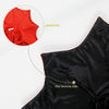 A black velvet vampire cat cape and collar costume set shown with a detail pointing to the reverse side.