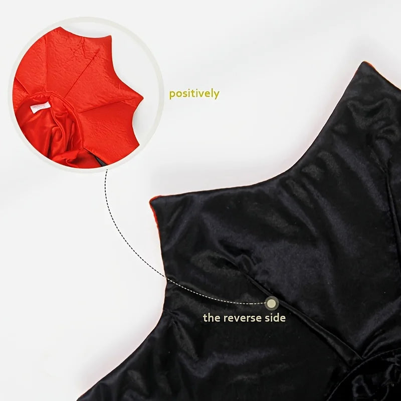 A black velvet vampire cat cape and collar costume set shown with a detail pointing to the reverse side.