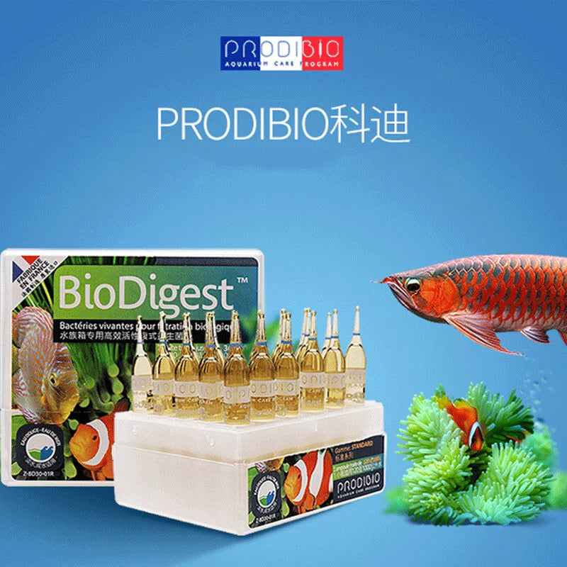 Une boîte de solution de bactéries de biodigesteur et un poisson rouge nageant dans l'eau.
