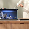 Une personne utilise un tube transparent pour nourrir un poisson dans un aquarium en verre posé sur un comptoir en bois.