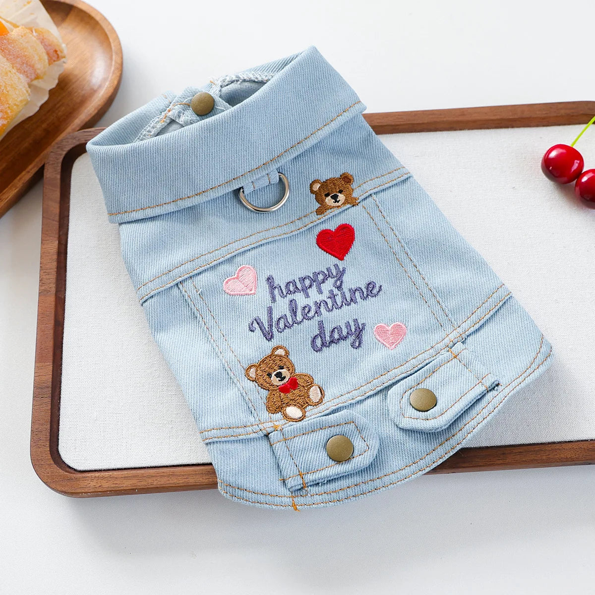 Light blue denim jacket for dogs featuring a teddy bear and heart embroidery