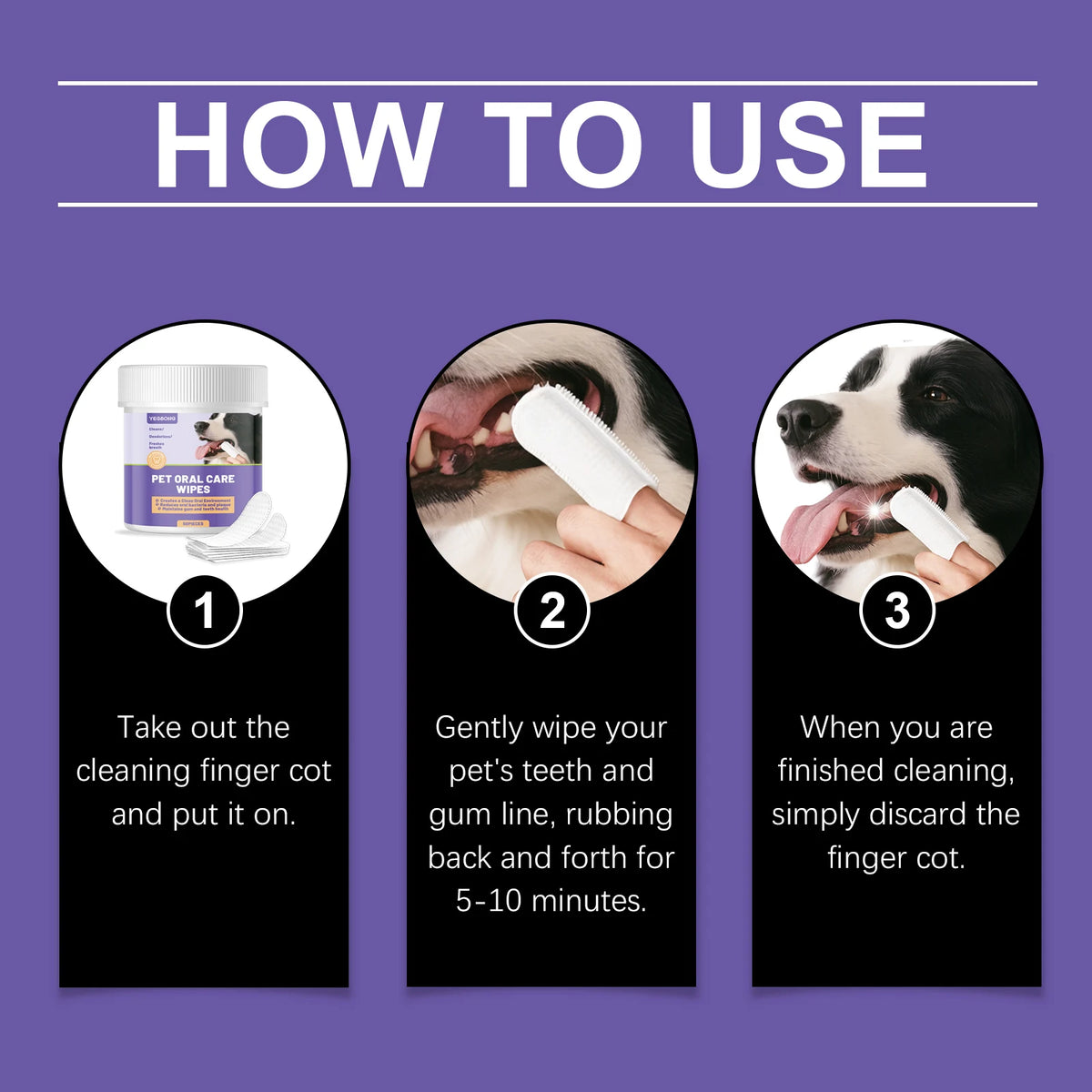 Instructions for using pet dental care wipes, showing steps 1 through 3.