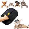 A pair of black double-sided pet grooming gloves shown with various animals and a cat using the product.