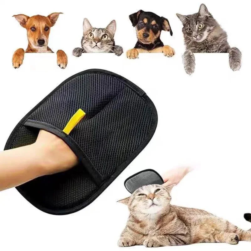 A pair of black double-sided pet grooming gloves shown with various animals and a cat using the product.