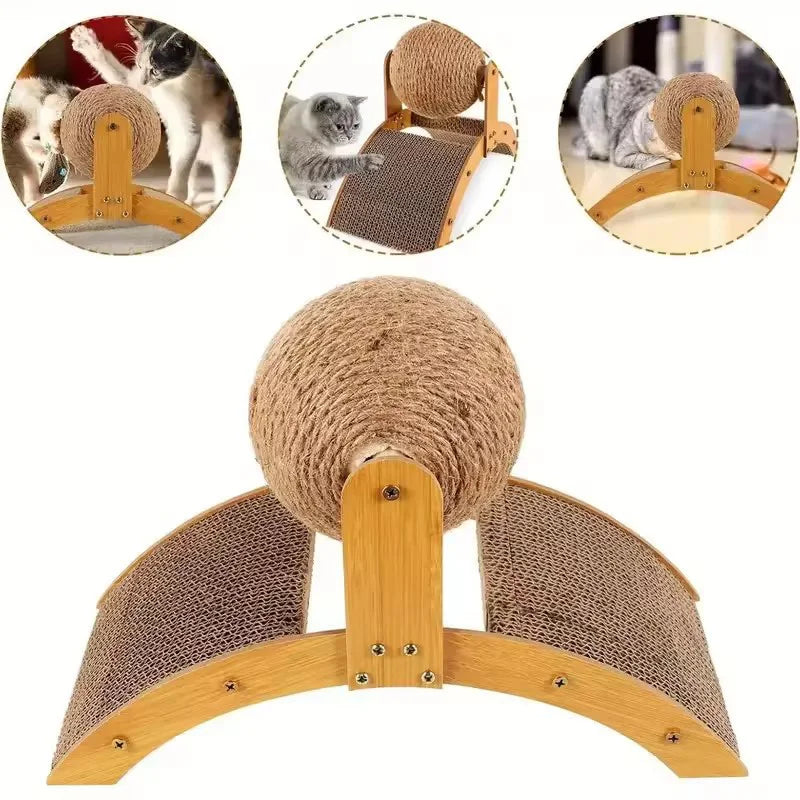 Natürlicher Holz-Kratzbaum und Spielball mit Sisalschnur und gepolsterten Pads