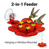 A red 2-in-1 hummingbird feeder with a suction cup and hanging hook, featuring a flower design.
