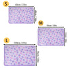 Three sizes of soft pet fleece blankets featuring a purple background with pink and yellow paw print designs.