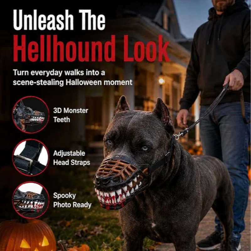 A dark-colored dog wearing a Halloween-themed muzzle costume with visible teeth and straps.