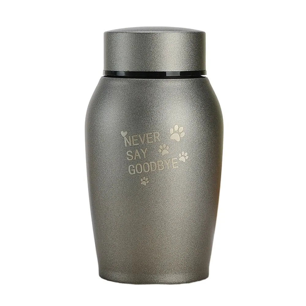 A matte gray stainless steel pet memorial storage box with a fitted lid.