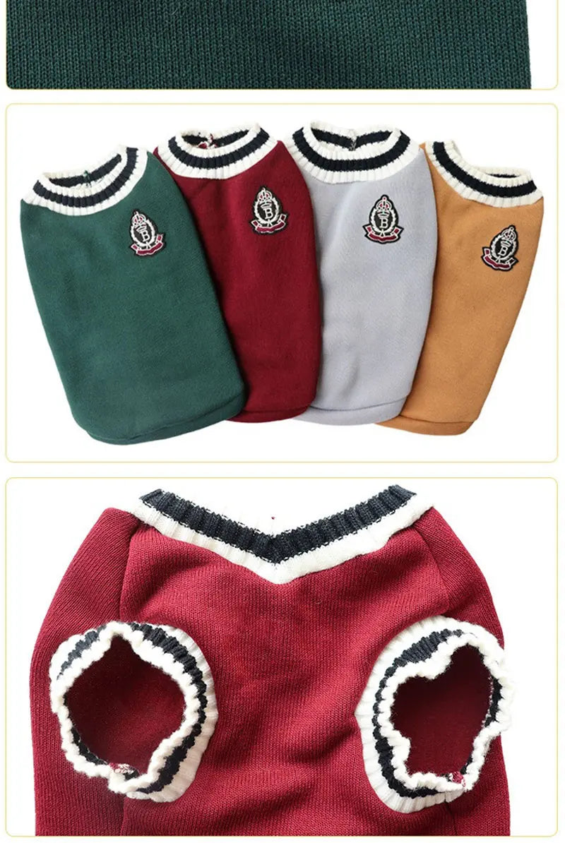 A collection of knitted vests for small dogs in various colors including green, maroon, gray, and tan.