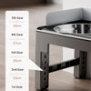 Diagram showing the gear sizes for a collapsible elevated dog feeder with double stainless steel bowls.