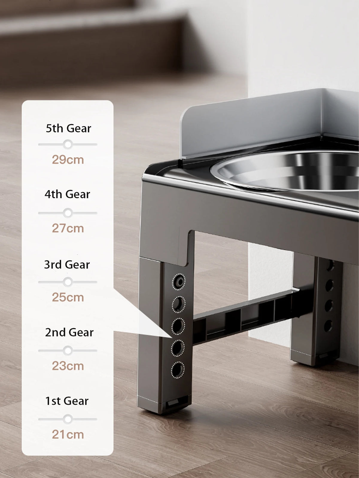 Diagram showing the gear sizes for a collapsible elevated dog feeder with double stainless steel bowls.