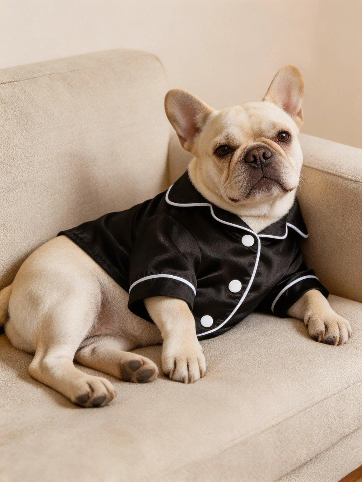 Un bulldog francés de color claro vistiendo una camisa de satén negra con ribetes blancos, sentado en un sofá beige.