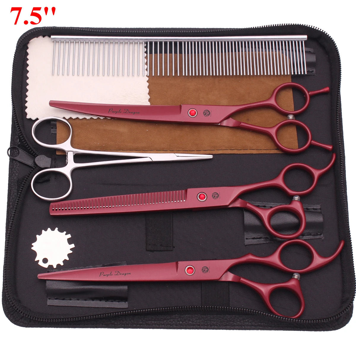 Set professioneller Edelstahl-Pflegeschere und -kämme für Haustiere in schwarzem Etui.