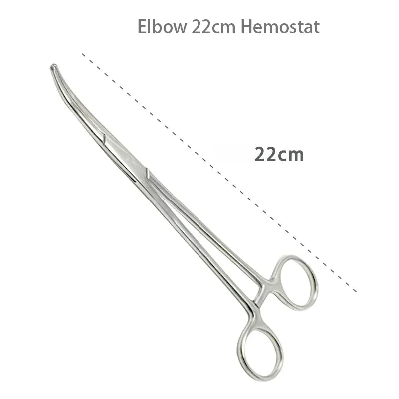 Stainless steel elbow hemostat forceps shown in a diagonal view.